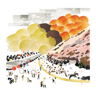 秋の街で遊ぶ人たちと山の風景