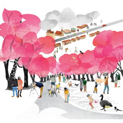 桜の咲く公園で遊ぶ人たち