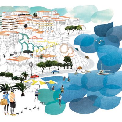 夏の海岸沿いの街