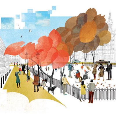 秋の公園で遊ぶ人たち