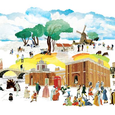 中世の物語から出てきた人々と中世の建物と丘