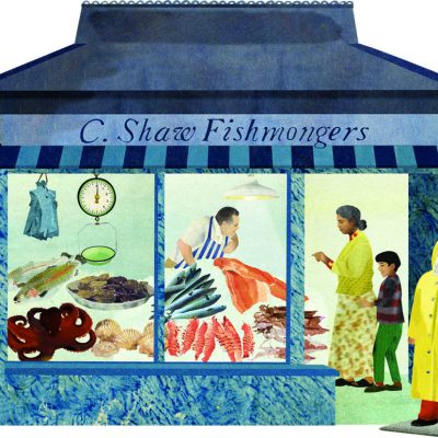 魚屋で買い物する人々