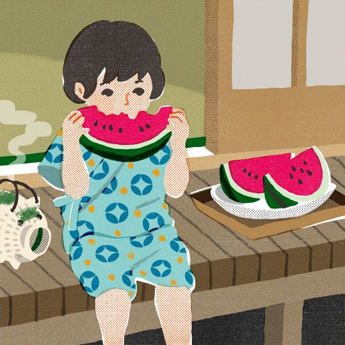 縁側ですいかを食べる子ども