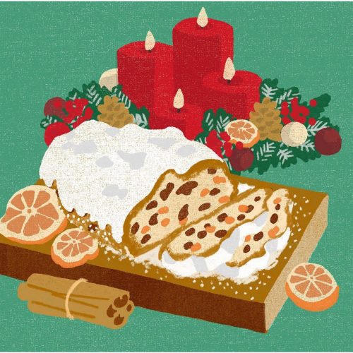 クリスマスのシュトレーゼンと赤いロウソクの飾り