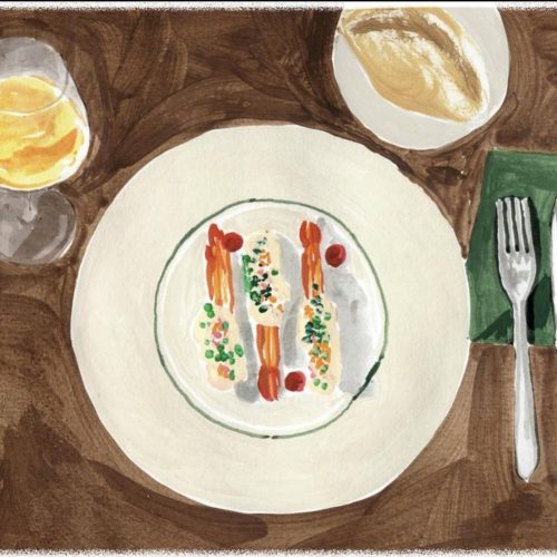 真上から見た海老のフランス料理の一皿