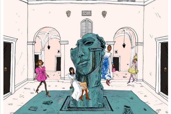 美術館の彫刻とおしゃれな観客たち