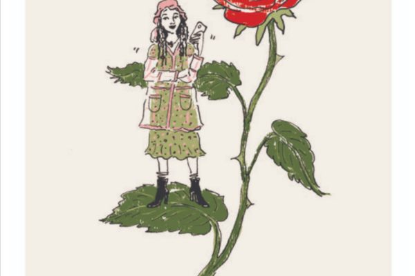 赤いバラの葉に乗る女の子