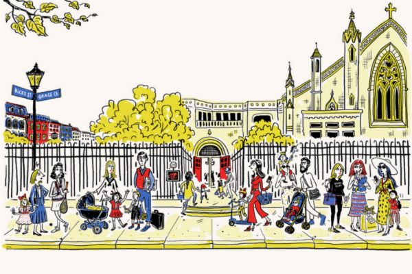 ニューヨークの小学校の前で子どもの帰りをおしゃれなお母さんとお父さん