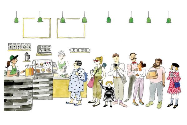 カフェで支払いを待つおしゃれな人たち