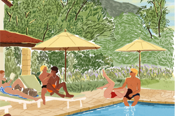 自然が多いロッジのプールサイドでくつろぐ人々_2