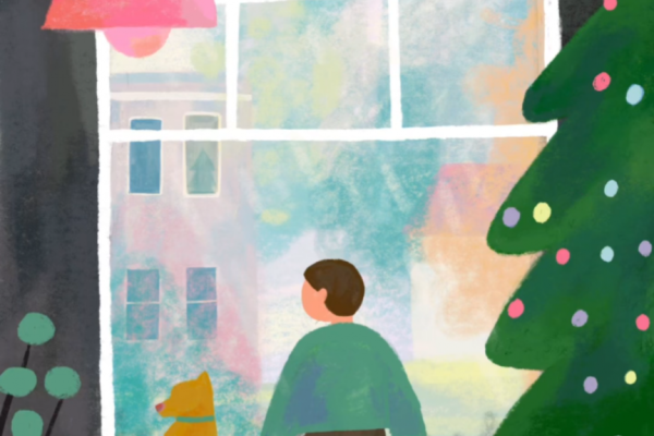 クリスマスツリーのある部屋から外を眺める男の子と犬