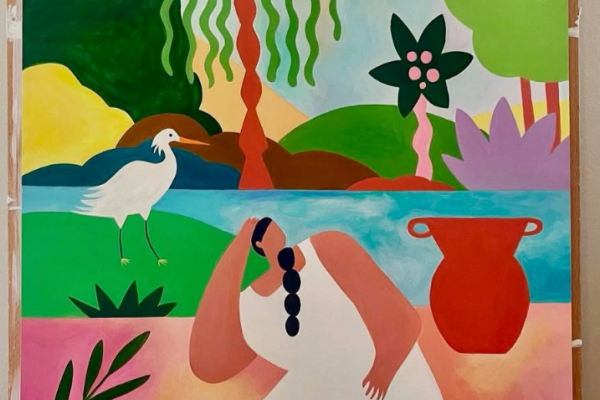 水辺に横たわる女性