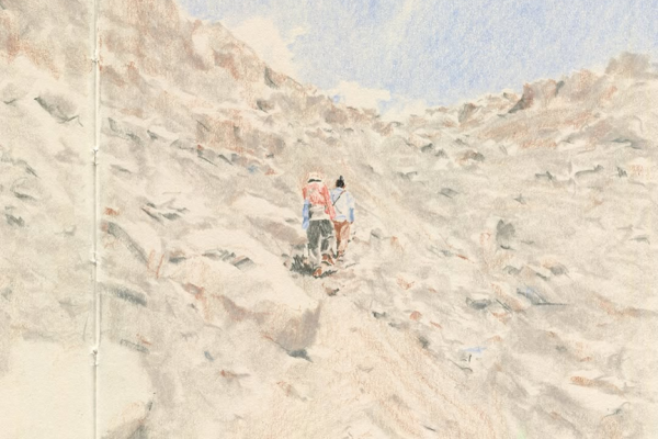 繊細なタッチで描く山を登る人々