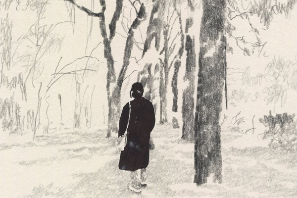 繊細なタッチで描く林と人