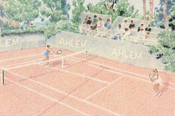 繊細なタッチで描くテニスコートとプレイヤー