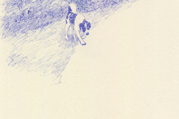 繊細なタッチで描く林と犬