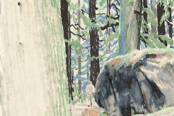 繊細なタッチで描く森の中を行く人