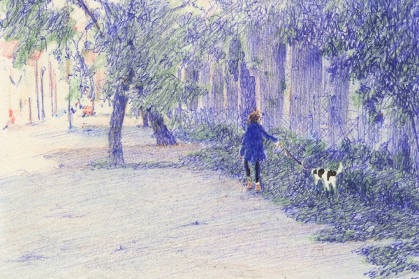 繊細なタッチで描く犬と散歩する人