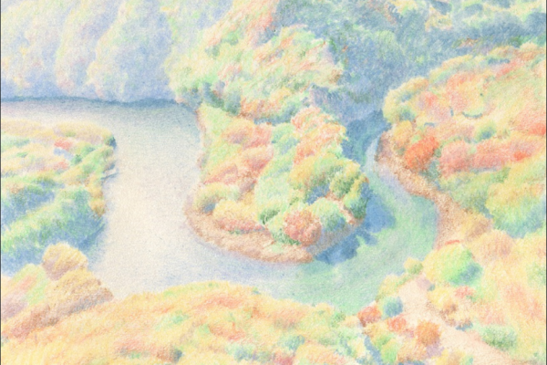 繊細なタッチで描く紅葉する木々と湖