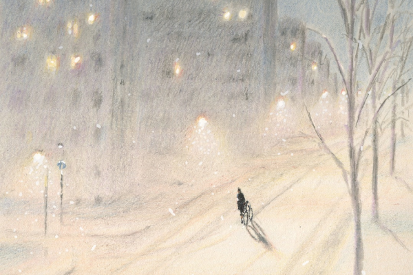 繊細なタッチで描く雪に覆われた街と自転車の乗る人