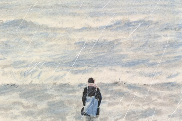 繊細なタッチで描く雨降る中佇む人