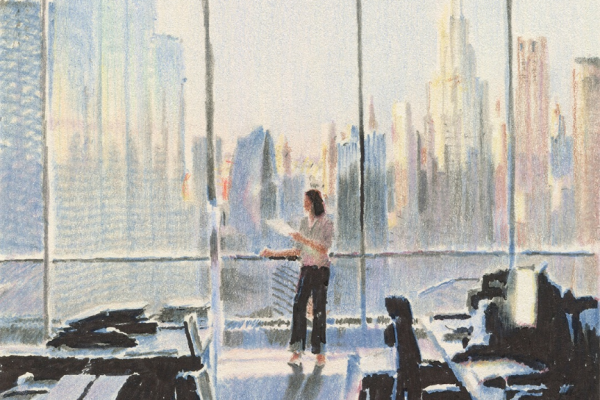 繊細なタッチで描く摩天楼にあるオフィスからの風景