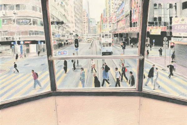 繊細なタッチで描く街の交差点を行き交う人々