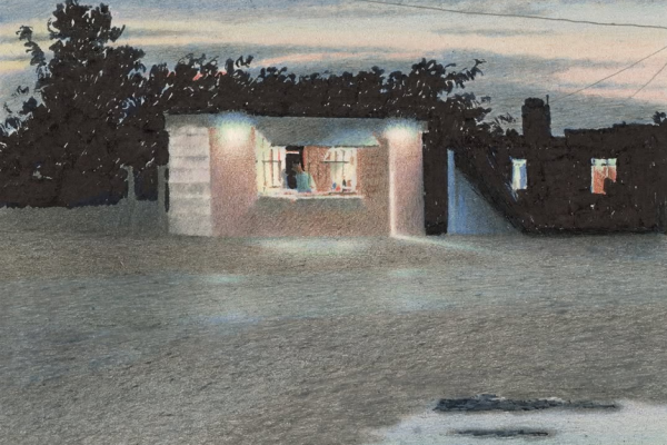 繊細なタッチで描く草原にある灯りがともる家