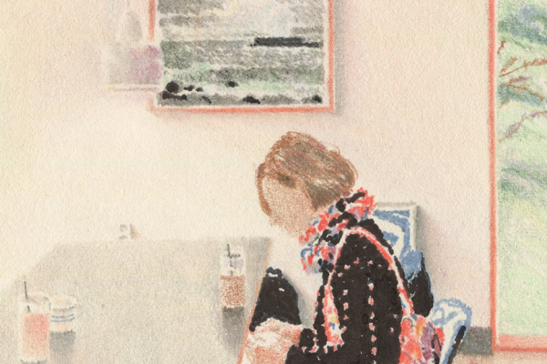 繊細なタッチで描く黒い服をきたショートヘアーの女性