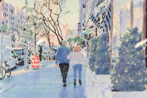 繊細なタッチで描く　クリスマス街道の老夫婦