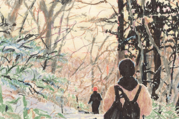 繊細なタッチで描く山道を行く人