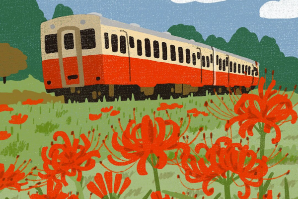 赤い電車と路線沿いに咲く彼岸花