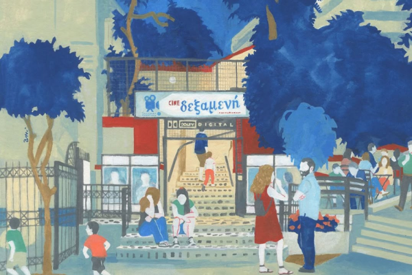 夜の映画館の前にたむろする人々