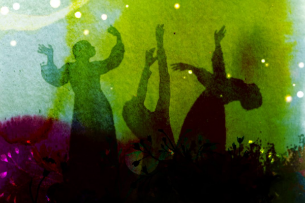 水彩のにじみと３人の少女