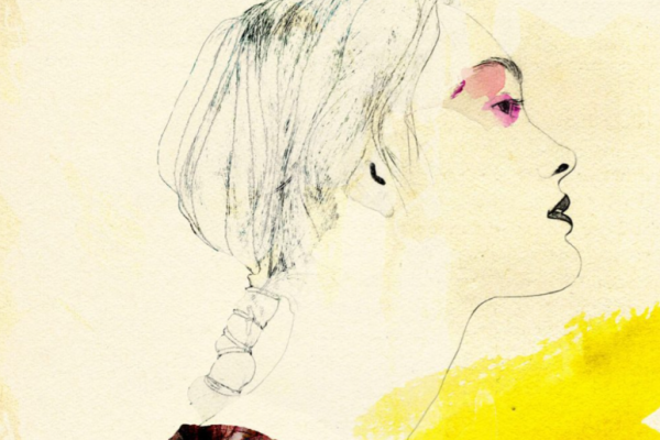 赤と紫のにじみの中に描かれた女性