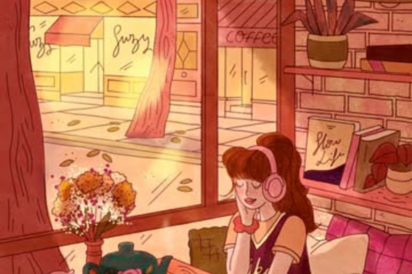 店内で音楽をききながらくつろぐ女性