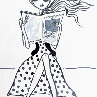 雑誌を読む女性の白黒のイラスト