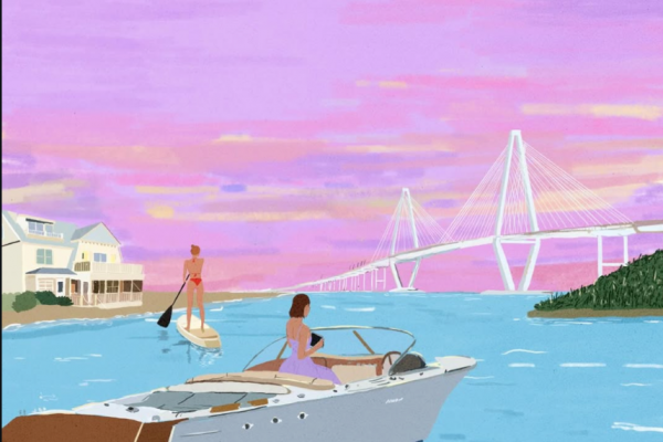 夕陽のビーチにイラストのブックカバー
