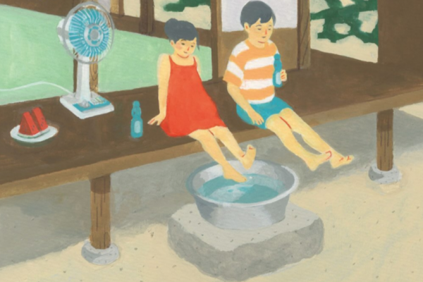 縁側で涼む兄弟