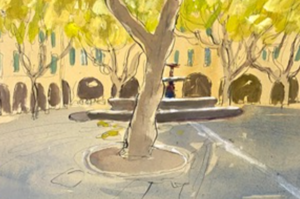 Place aux Herbes, Uzès, South of France Ink and watercolor2