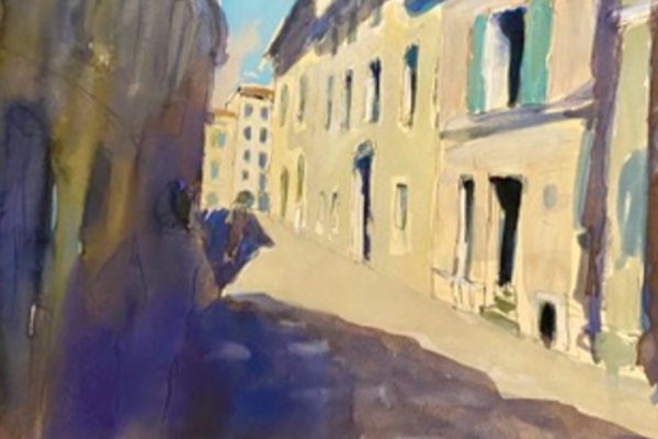 Hot summer street in Uzès, South of France_ink and watercolor_