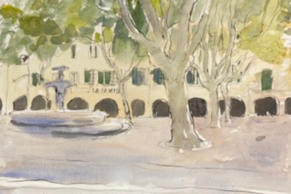 Place aux Herbes Uzès with the restaurant ‘la famille’, Uzès_ink and watercolor_