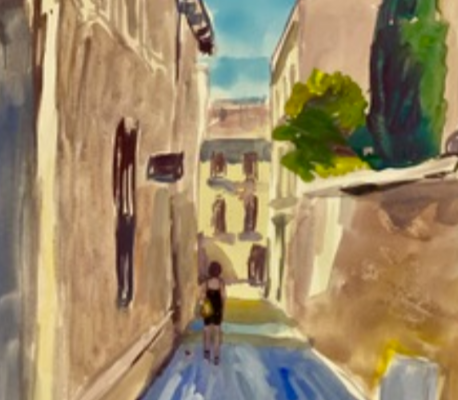 Anne, hot summer street in Uzès, South of France_ink and watercolor